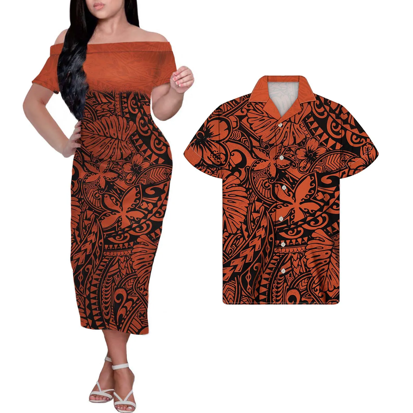 

HYCOOL Summer Casual Hibiscus Print Red Bodycon Dresses Polynesian Tribal Couples Clothing Off Shoulder Long Dress 2022 Fashion