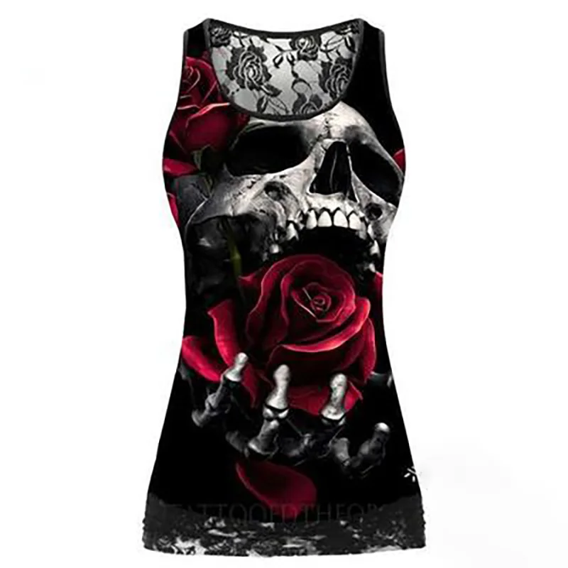

New Ladies Sexy Gothic Style Rose Skull Print Large Size 4xl 5xl Slim Vest Casual Long Jacket Street Style Club Clothes