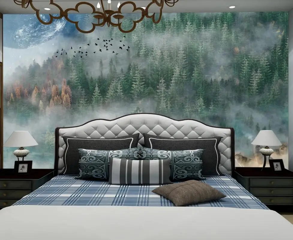 Туманный оригинальный лес настенные фотообои Бумага птицы свяжитесь с диван ТВ