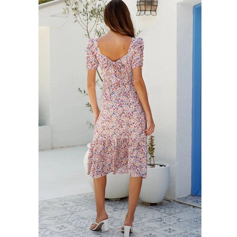 

WEPBEL Dress Summer Fashion Short Puff Sleeve V-neck Backless High Waist Dress Women's Casual Floral Print Slim Dress