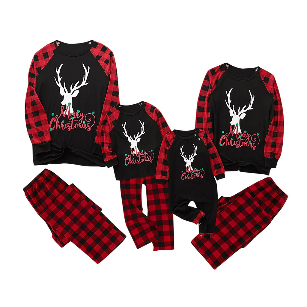 Hot Sale Family Matching Christmas Clothes Newborn Baby Infant Pajamas Deer Plaid Rompers | Детская одежда и обувь