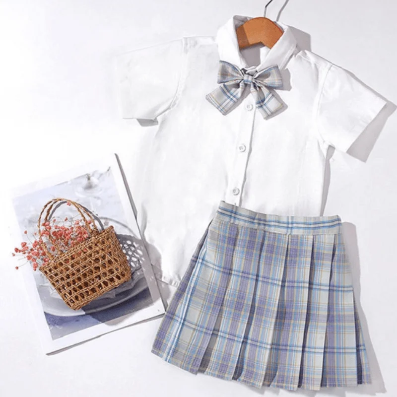 Conjunto de ropa Formal JK de algod&oacute;n para ni&ntilde;a, camisa blanca + Falda plisada a cuadros + pajarita, 3 piezas, traje escolar para ni&ntilde;o de 3 a 14 a&ntilde;os-3