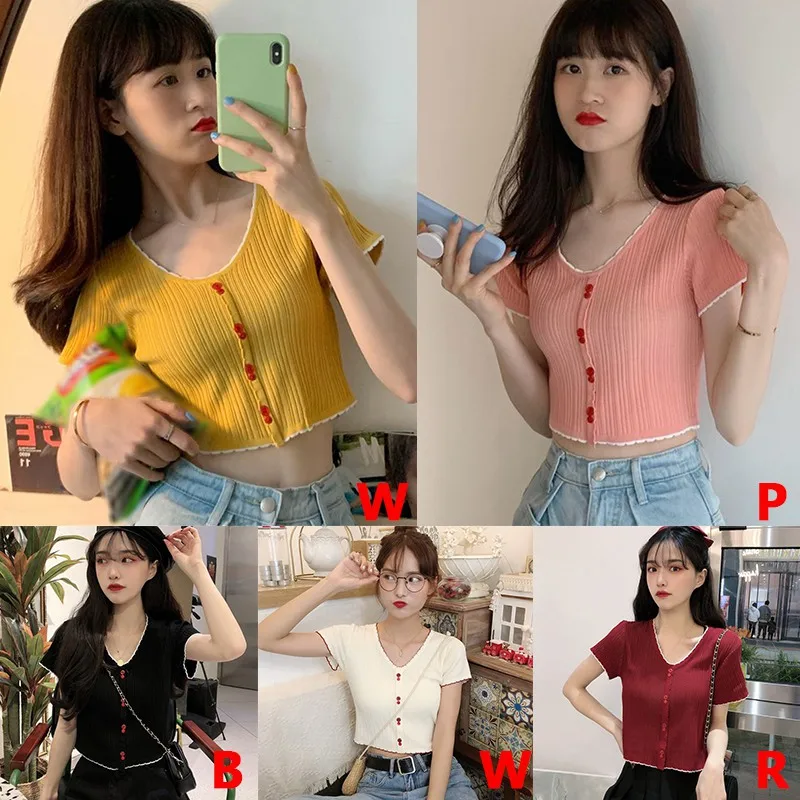 

Women's Clothes Ladies Summer V Neck Patchwork Short Sleeve Knitted Casual T-Shirt Casual Short Tops One Size