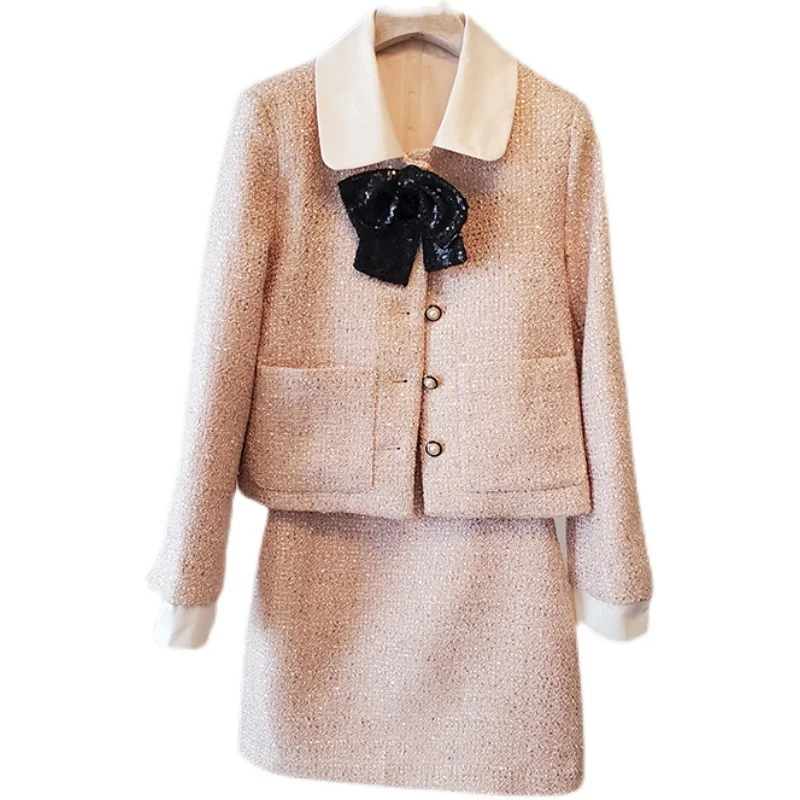 

Осенний женский блестящий костюм знаменитости, блестящий женский короткий костюм с розовой юбкой