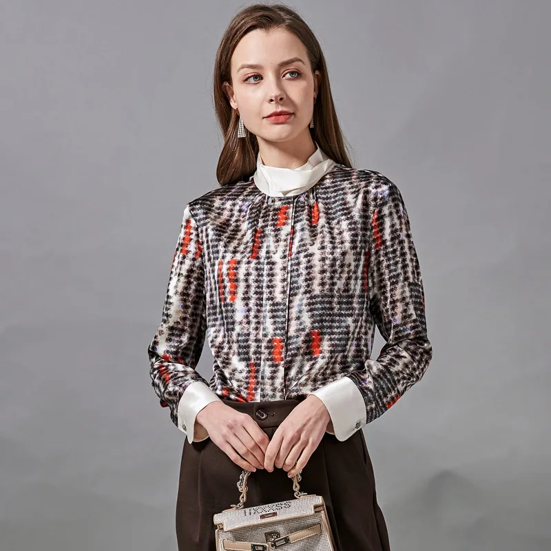 

Natural Silk Shirt 2021 Spring And Summer New Women's Wear High Collar Heavy Weight Smooth Satin Printed Silk Blouse