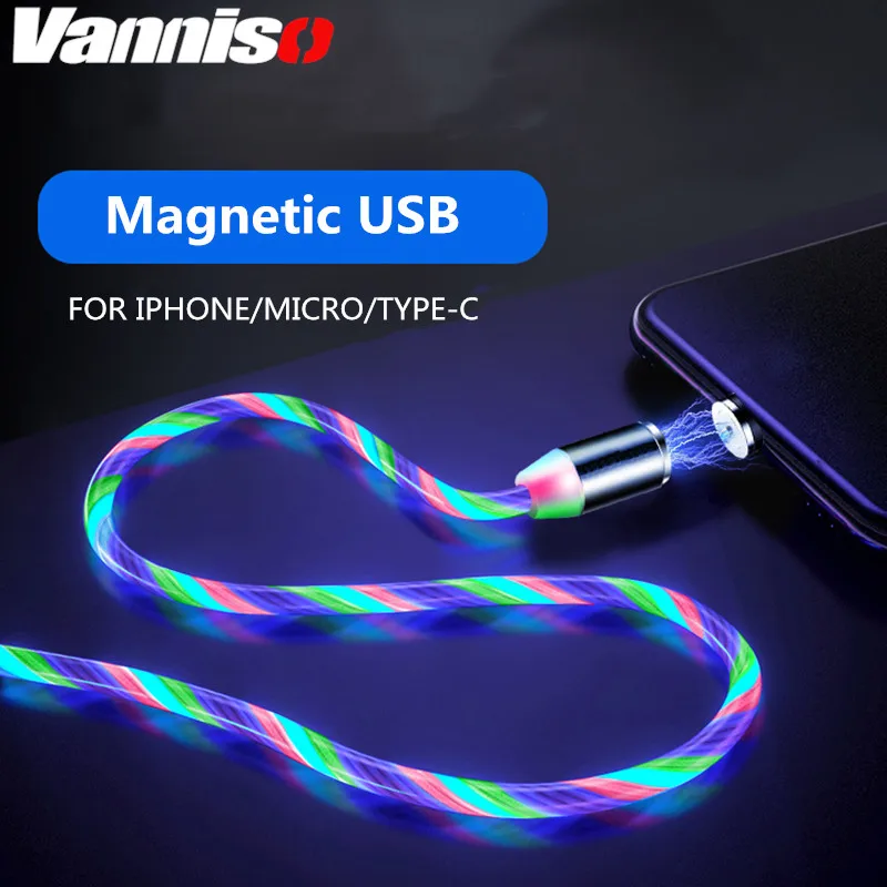 Vanniso 2 м магнит микро Usb кабель зарядный провод для iphone X 11 Xiaomi mi8 9t redmi note 7 samsung type C зарядное устройство светящийся шнур
