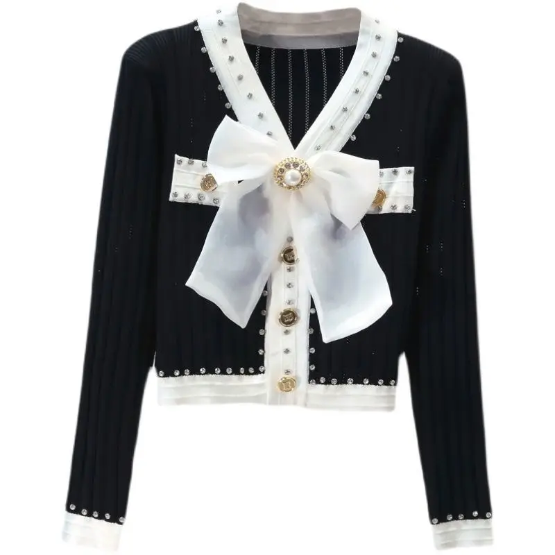 

Early 2021 autumn new long sleeve V-neck heavy industry nail drill bow ice silk knitted jacket jacket female