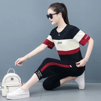 sportswear womens new summer fashion pure cotton age reducing western style casual wear large size 7 point pants 2 piece set