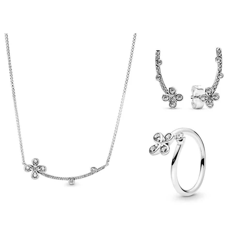 

Real 925 Sterling Silver Flower Jewelry Sets for Woman Girls Shining Austrian Crystal Pendant Necklace Ring Huggie Earring