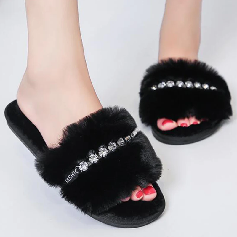 Новые женские домашние тапочки стразы аксессуары плюшевые Нескользящие с мягкой