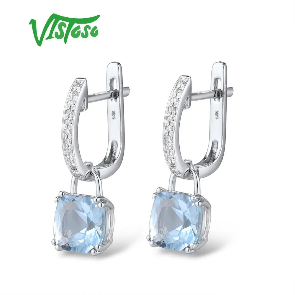 Серьги VISTOSO, золотые, для женщин, Аутентичные, 14 K, 585, белое золото, Блестящий Бриллиант, лимпид, небесно-голубой топаз, классические серьги, ювелирные украшения