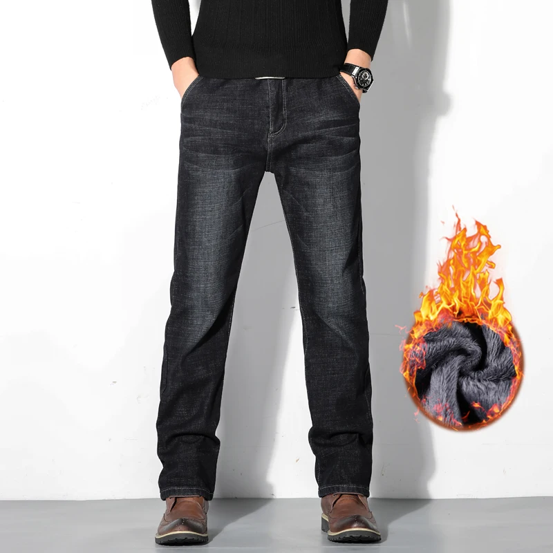 DIMI Denim Pants Oversized Men's Clothes Winter Warm Men's Jeans Fleece Padded Trousers Plus Size Straight Casual Classic Black