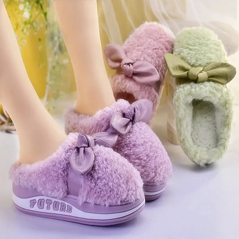 

Женские меховые тапочки с бантом-бабочкой, Нескользящие шлепанцы на платформе, зимние плюшевые теплые домашние тапочки, комфортные тапочки...