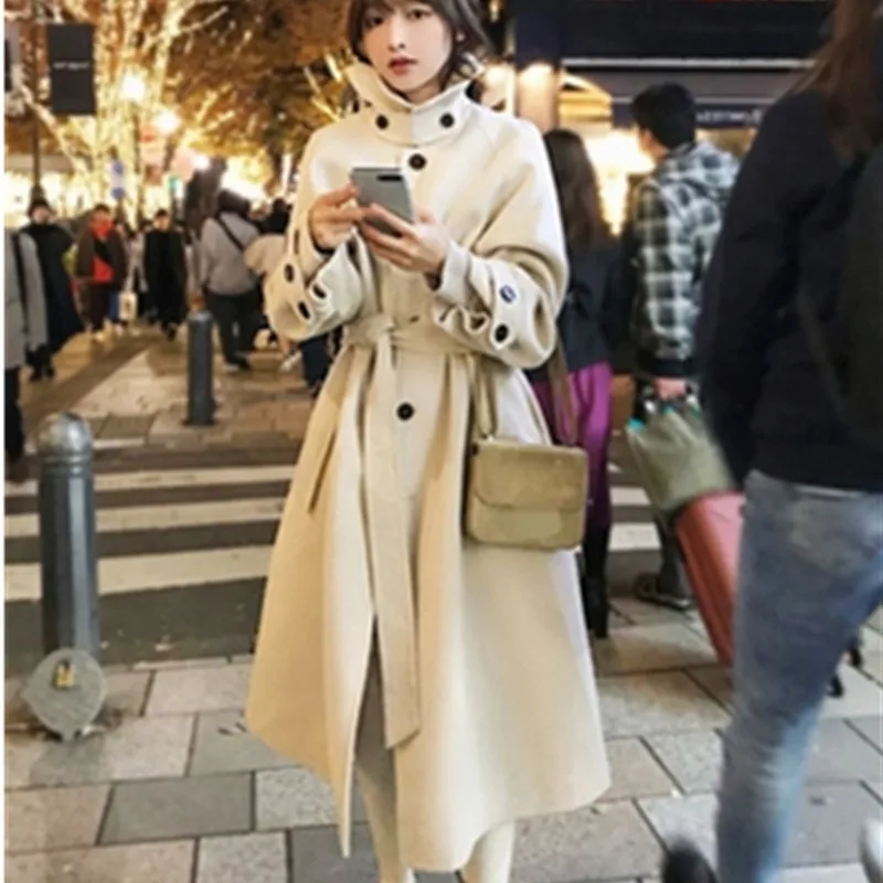 

2020 New Autumn Winter Fashion Solid Mid-length Woolen Coats Lady Single Breasted Korean Version Loose Elegant Woman Woolen coat