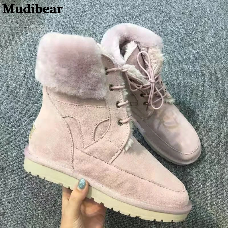 

Mudibear Winter Shoes Genuine Leather Sheep Leather Fur In One Snow Boots Women's Slim Long Legs Non-Slip Cotton Boots Pink 2020
