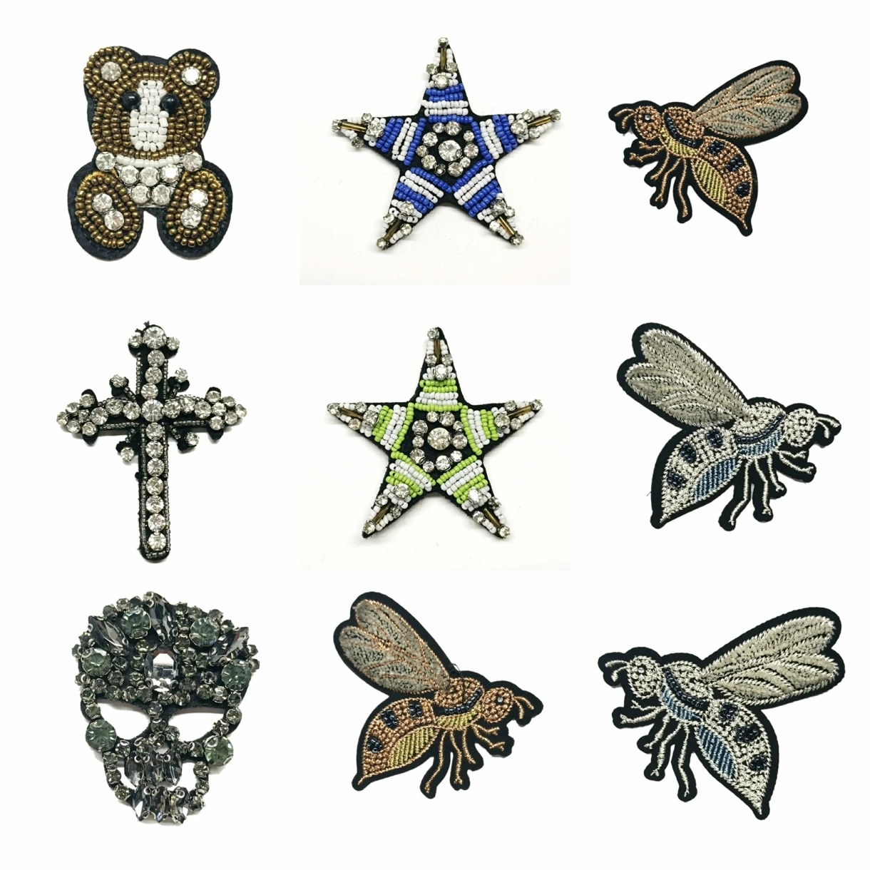

DIY embroidery beaded bear star cross bee love heart crown lip eyes embroideried patches for clothing QR-40