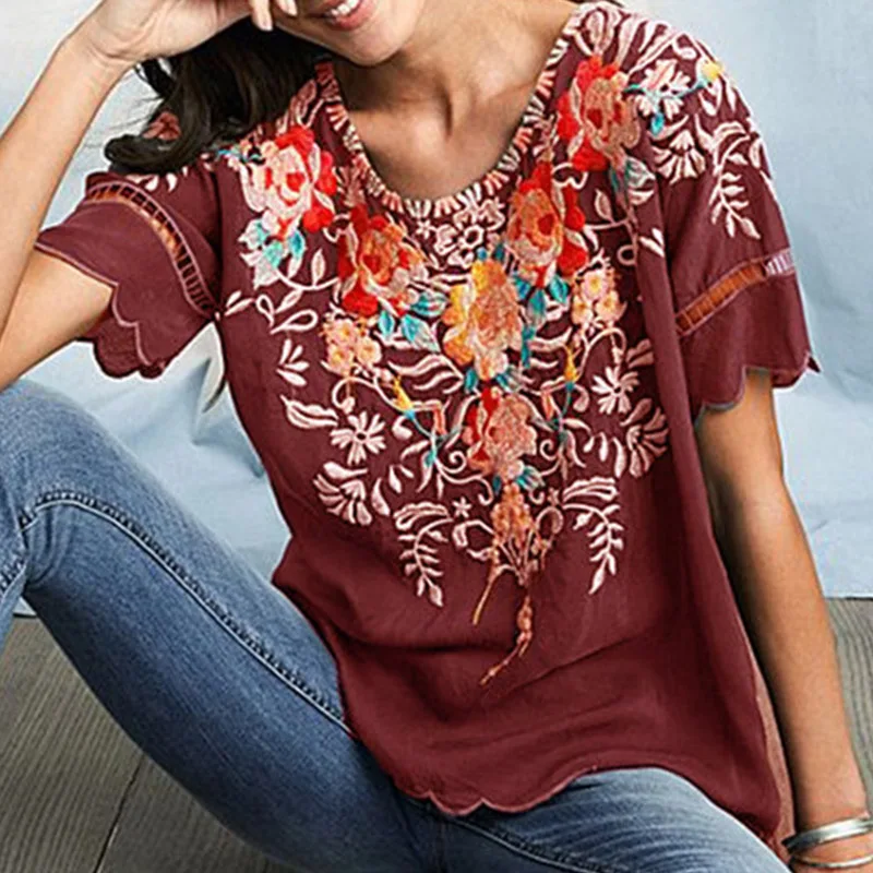

Women's Embroidery Print Shirt Fashion Short Sleeve O Neck 2021 Summer Casual Tops Floral Elegant LooseTop Blouse