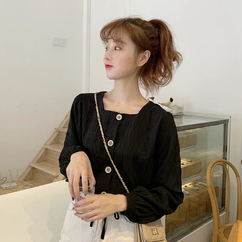 

Female Shirt New Korean Womens Shirts French Short Top Lantern Long Sleeve Blouse White Black Button Tops Spring Summer Blusas