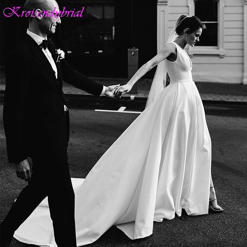 KRW012 Sexy Deep V Neck Slit Straps Satin Wedding Dresses 2019 Bridal Gown robe mariee Vestidos De Noiva de mariée dentelle | Свадьбы и
