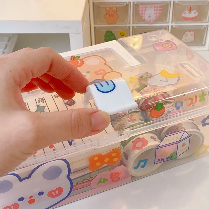 Милый портативный ящик для хранения с наклейкой и ручкой крышки милые прозрачные