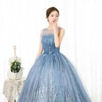 blue prom dresses scoop neck illusion long sleeves a line formal party dress pink color sweep train special occasion gowns