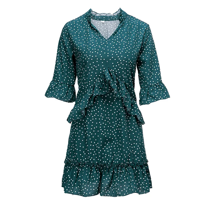 

2020 Women's V-neck Ruffled Polka Dot Chiffon Dress Women Spring Dress Casual Loose Polka Dot Ruffled Sleeve Plus Size Dress