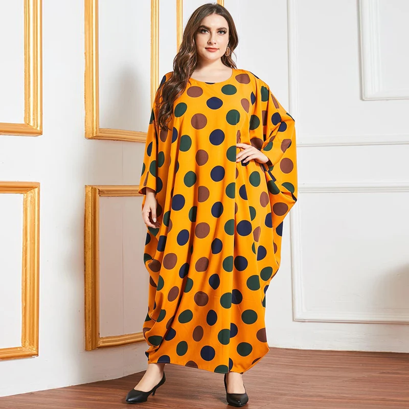 

Plus Size Muslim Abayas for Women Oversize Polka Dots Bat Sleeve Loose African Dresses for Women Maxi Long Dress Vestidos Yellow