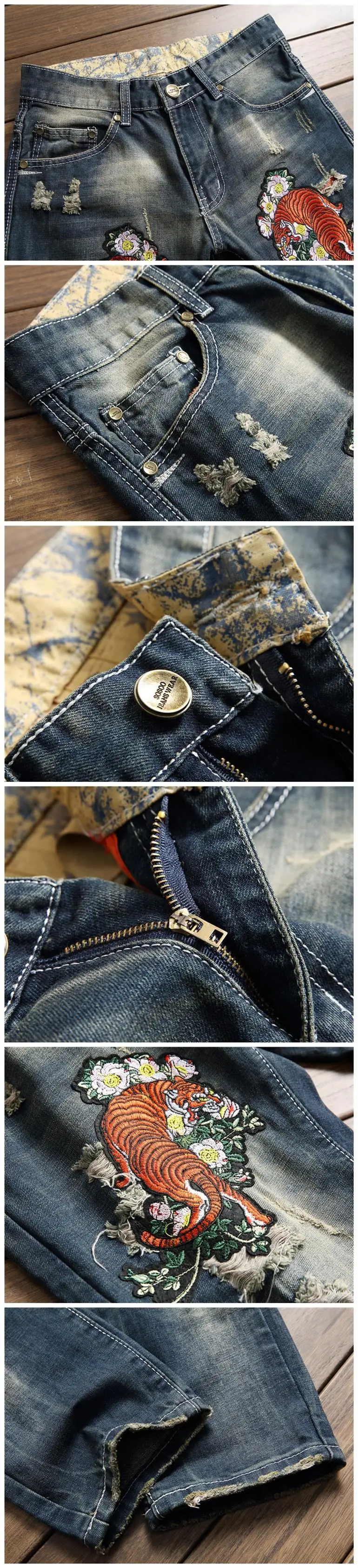 Джинсы мужские с вышивкой тигра потертые ковбойские Прямые повседневные модные