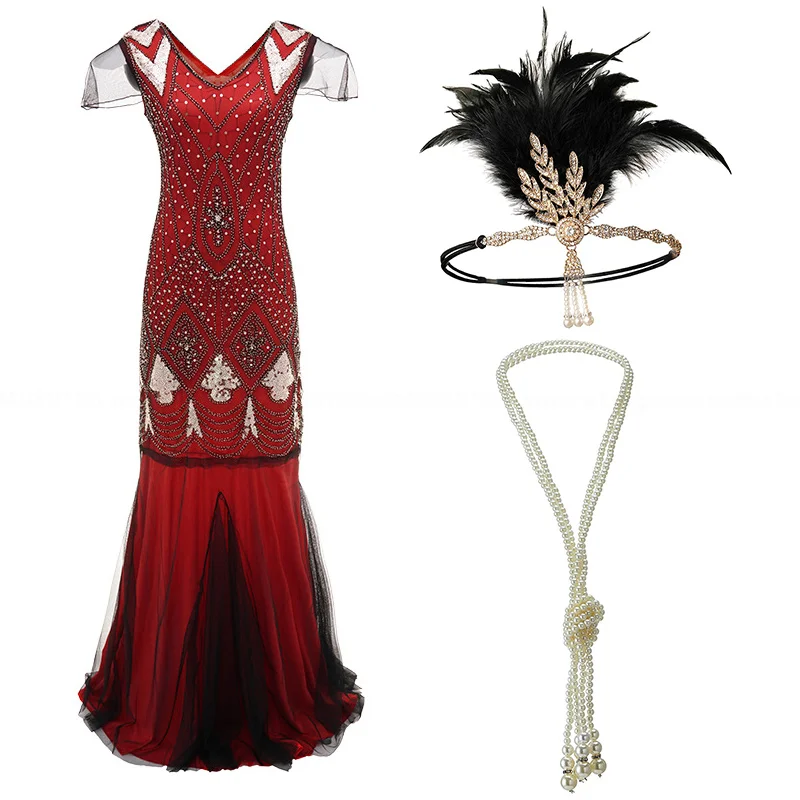 Женское винтажное вечернее платье в стиле Гэтсби с бахромой и бисером комплекте