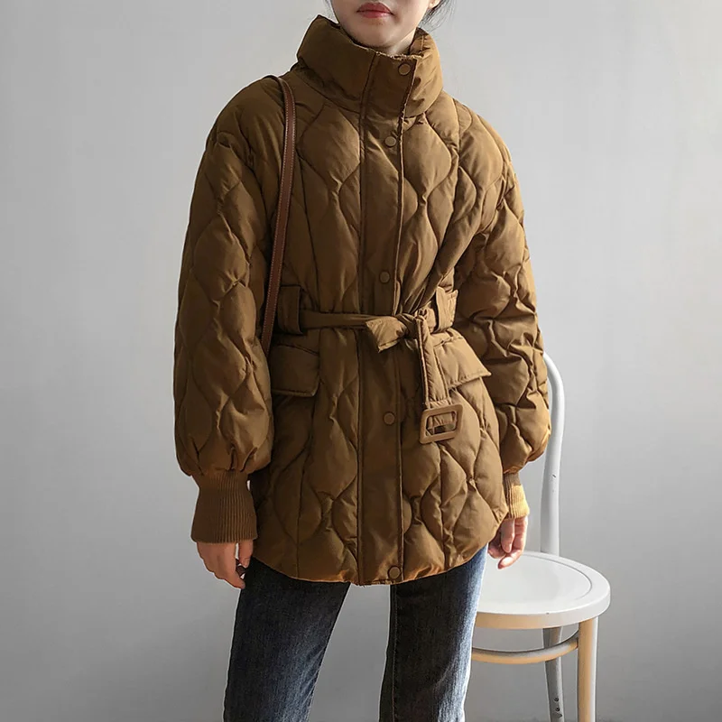 

2021 Winter Jacket Women Vintage Argyle Coat With Belt Stand Collar Lantern Sleeve Cotton Liner Outerwear Elegant Parkas