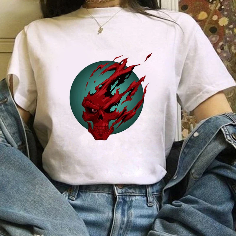 

2020 Summer Women T-shirt Colorful Skull Printed Tshirts Casual Tops Tee Harajuku 90s Vintage White tshirt Female Clothing