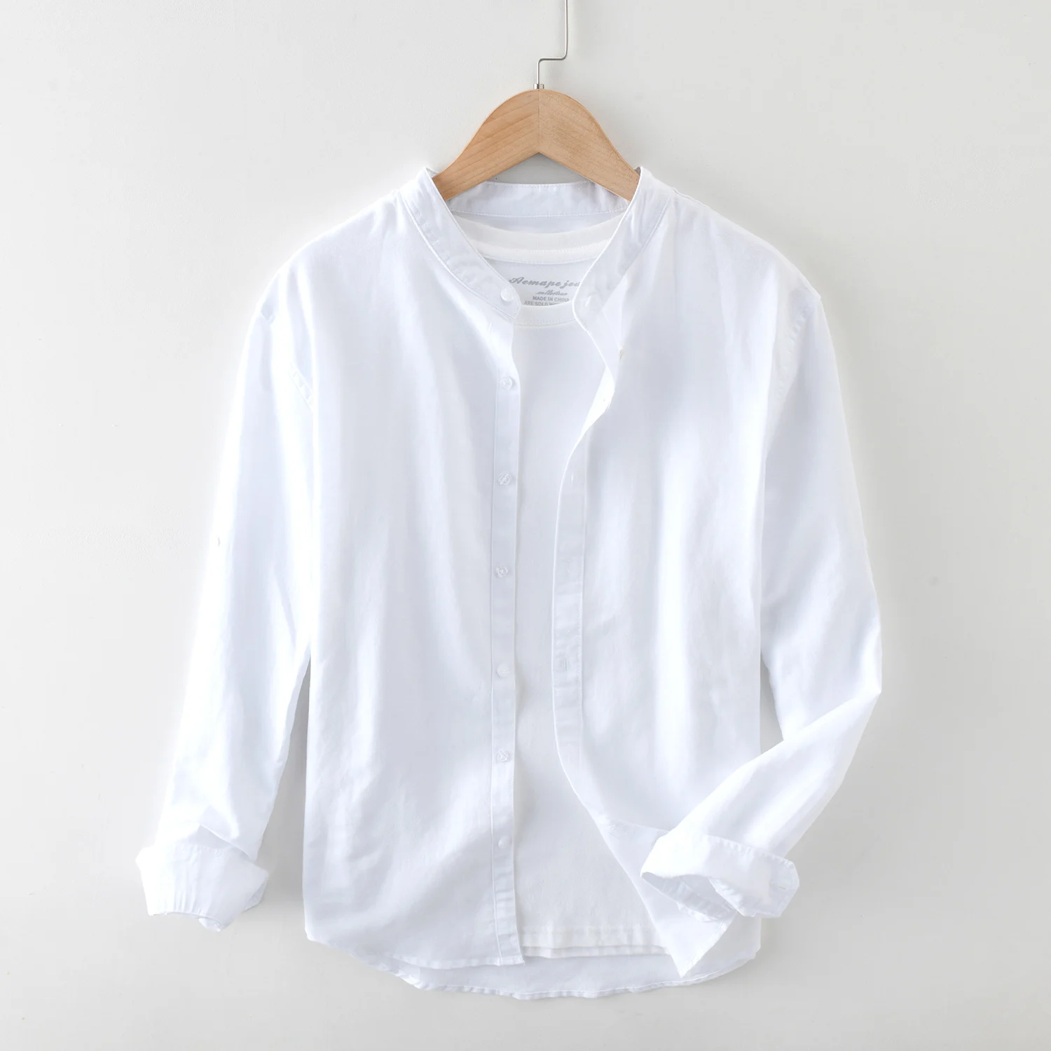 

Cotton Linen Long Sleeve Shirts for Men Basic Classic White Tops 2021 Summer New Male Casual Stand Collar Breathable Clothing