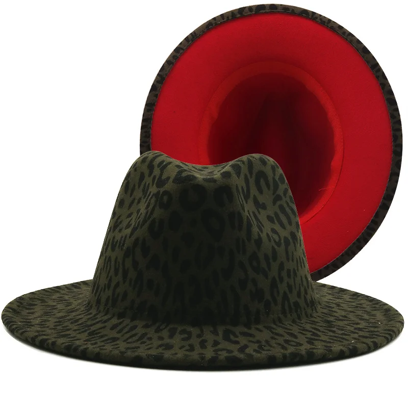 

Brim Army Wide Green Leopard Red Bottom Fedora Ladies Wool Felt Hat Women Men Party Trilby Jazz Church Hats Patchwork Panama Cap