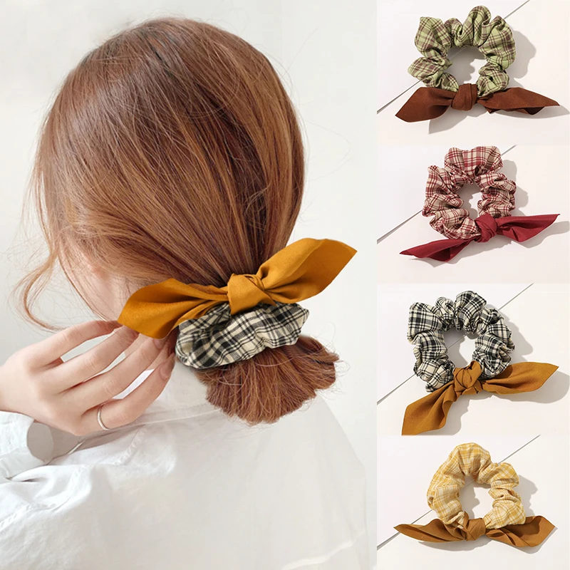 

Retro Girls Hair Rope Ponytail French Style Plaid Pattern Scrunchies Rabbit Ear Bow Knotted Elastic Hair Band Hair Accessories