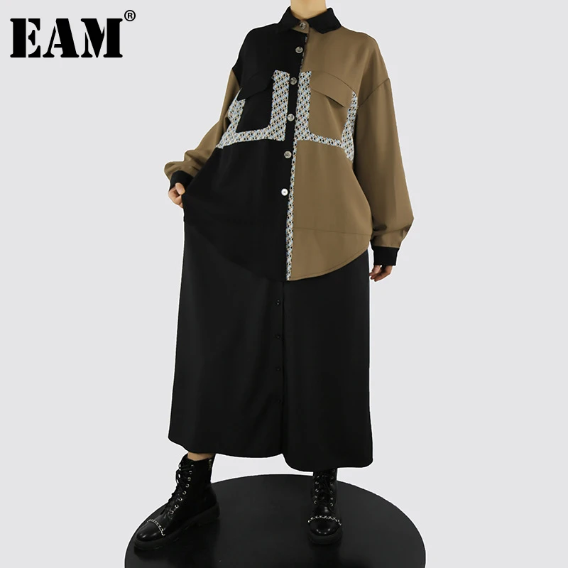 

[EAM] Women Khaki Color-block Big Size Shirt Dress New Lapel Long Sleeve Loose Fit Fashion Tide Spring Autumn 2022 1DE5894