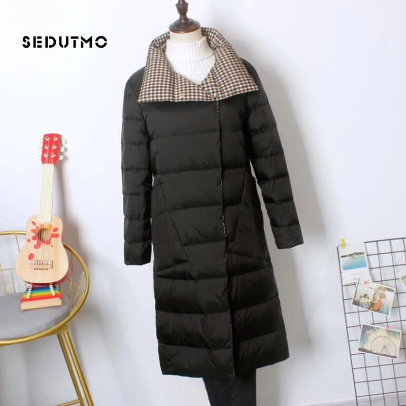 SEDUTMO Winter Plaid Womens Down Jackets  Long Ultra Light Coat Thin Double Sided Spring  Puffer Jacket ED1099
