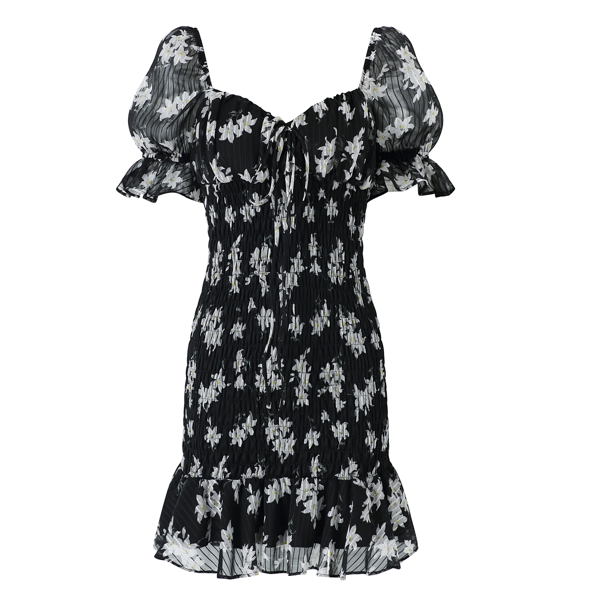 

Retro Sexy Chiffon V-neck Floral Dress Retro Puff Sleeve Slim Fit Slimming French Minority Short Skirt for Women Summer