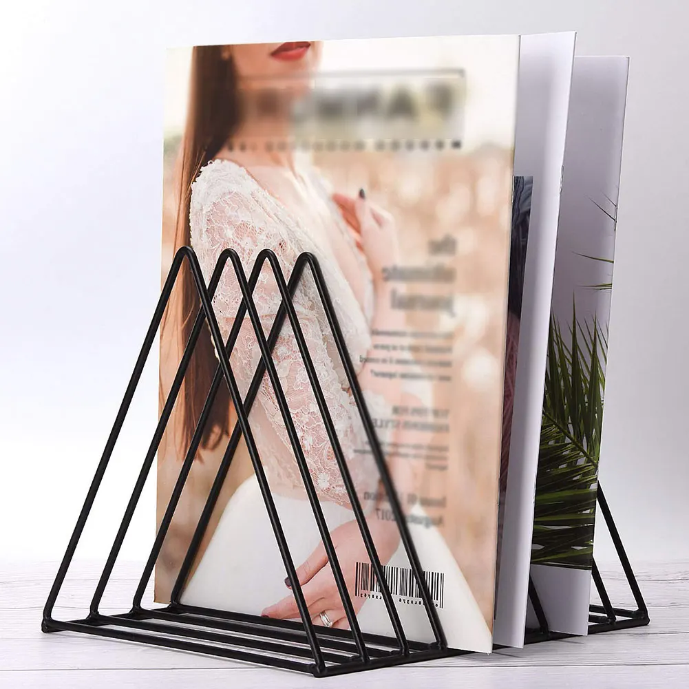 

Iron Book Rack Book Holders Shelf Desktop Magazine Rack Triangle File Organiser Home Office Table Livingrrom Coner Decorations