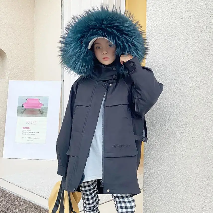 

Пальто для девочек с воротником из натурального меха енота, парка, Детская верхняя одежда, зимняя куртка оверсайз для мальчиков с подкладко...