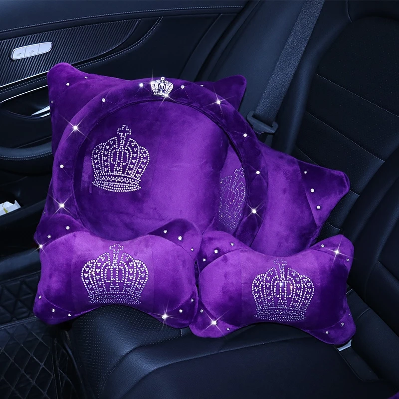 Purple Sparkle Car Seat Covers Full Set - Universal Fit Front and Rear Winter Cushions with Crystal Crown for Girls and Women image 4