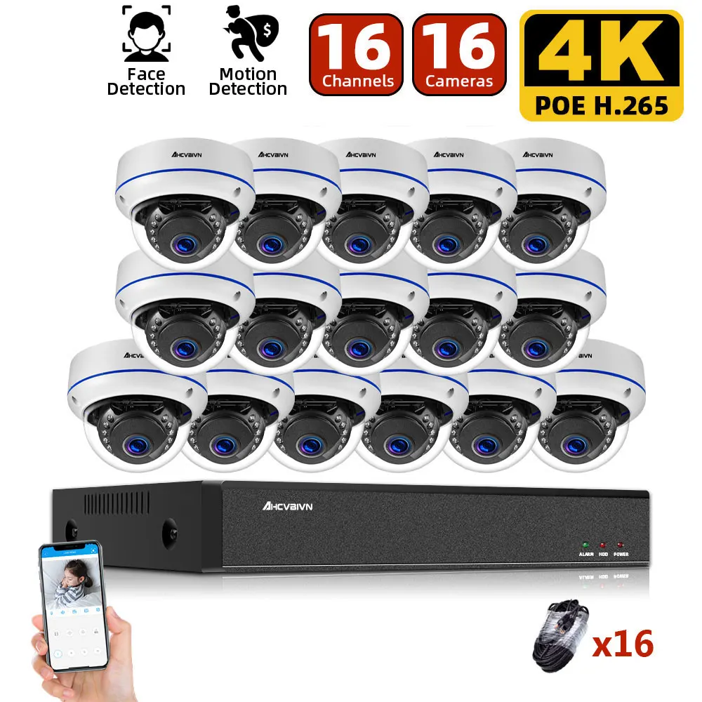 

AHCVBIVN H.265 16CH 4K POE NVR Kit 8MP CCTV System 8MP Indoor Outdoor VandalProof Security IP Dome Camera Video Surveillance set