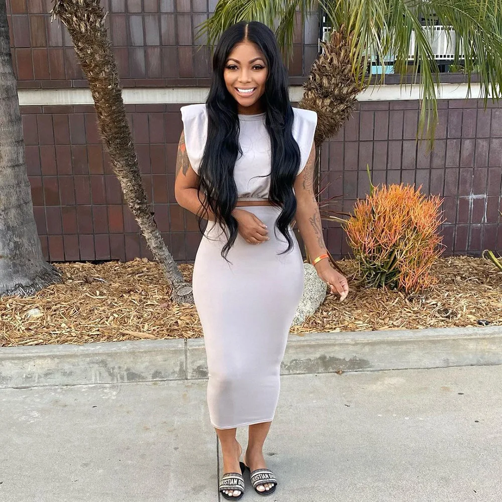 

2021 New Sleeveless Crop Tank Top Midi Skirt Set Elegant Sexy Matching Set Party Club Outfits Women Two Piece Set