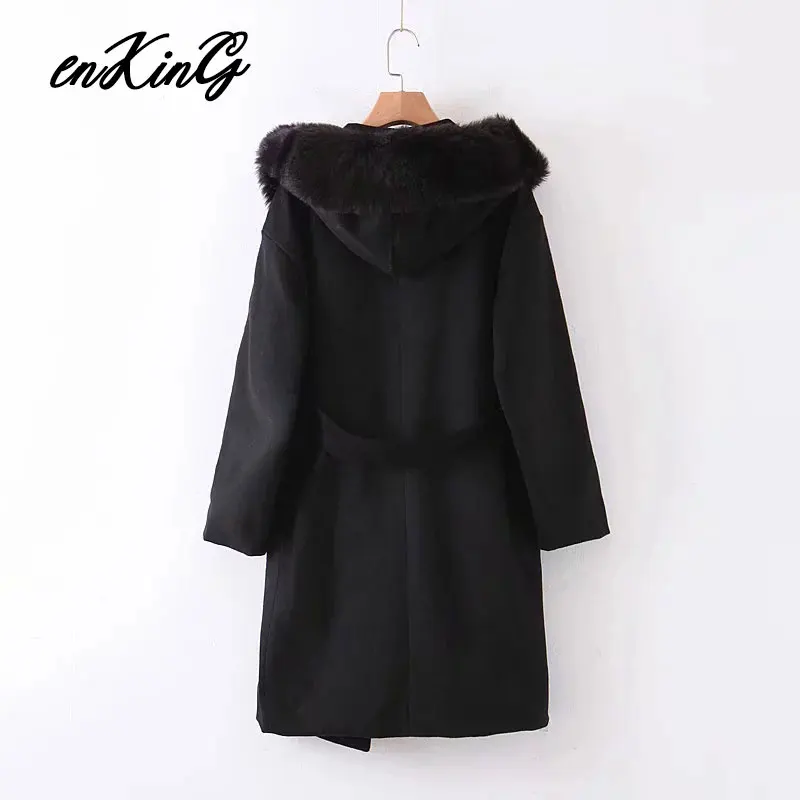 winter long za coat women england style vintage Wool collar splicing hooded oversize sashes thick woolen overcoat women - Цвет: Black