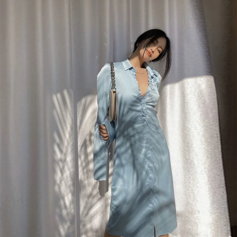 

Women 2021 Chic Fashion satin Mini Dress Vintage Long Sleeve Button-up Female Blue Dresses Vestidos Mujer