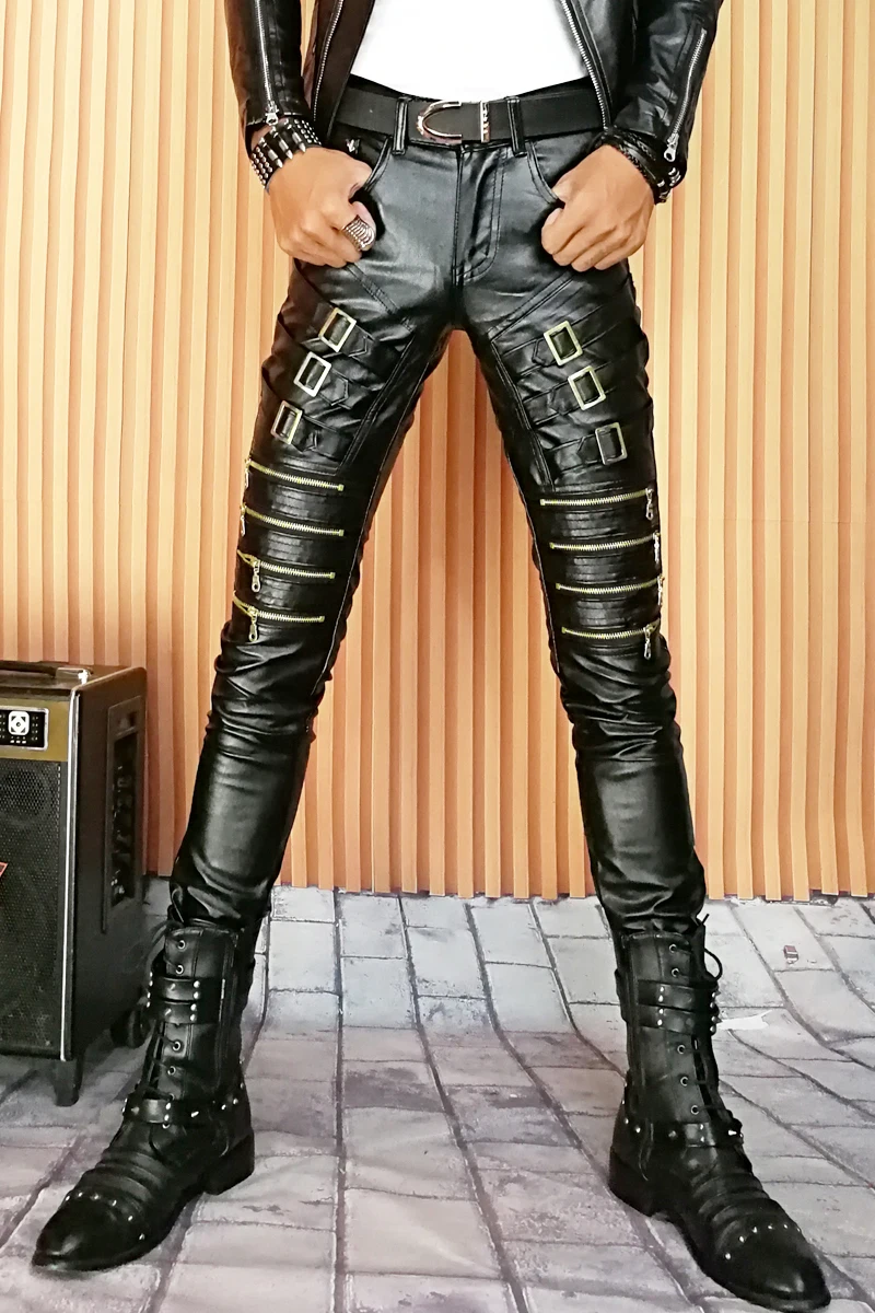 Брюки мужские зимние на молнии облегающие черные кожаные брюки узкие в стиле хип