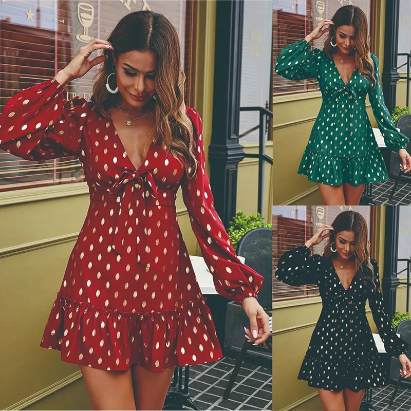 

Female Dot Mini Sexy Dress Deep V-neck Ruffle Long Sleeve Chiffon Print Dresses Club Vestidos Woman Party Night Dress