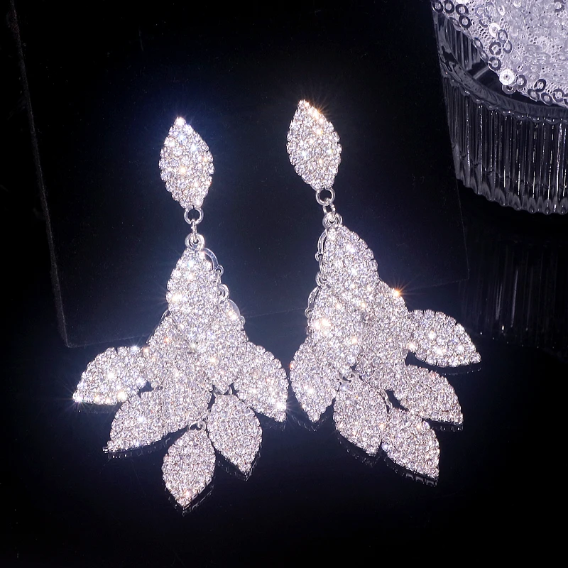 Новый Модный Элегантный Стразы лист большие длинные свисающие серьги для женщин
