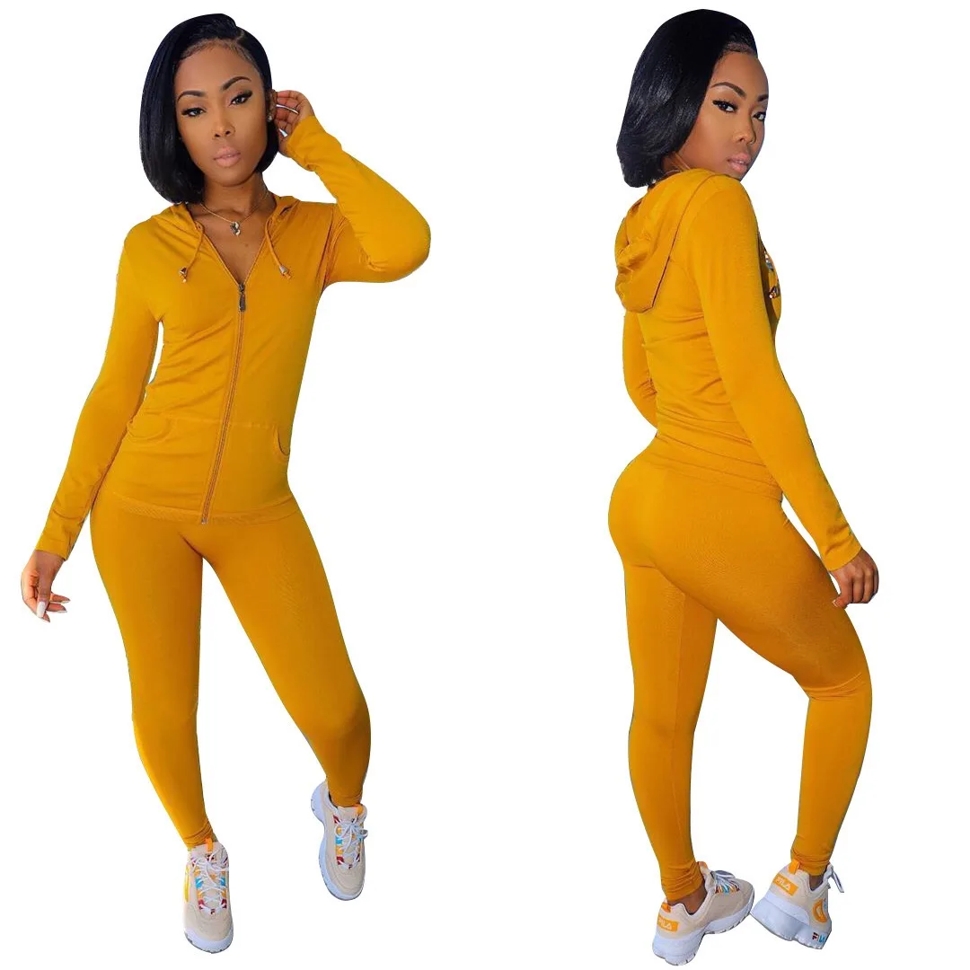 

Autumn two-piece suit exercise stretch clothing women's long-sleeved hooded zipper pocket sports jacket + leggings matching