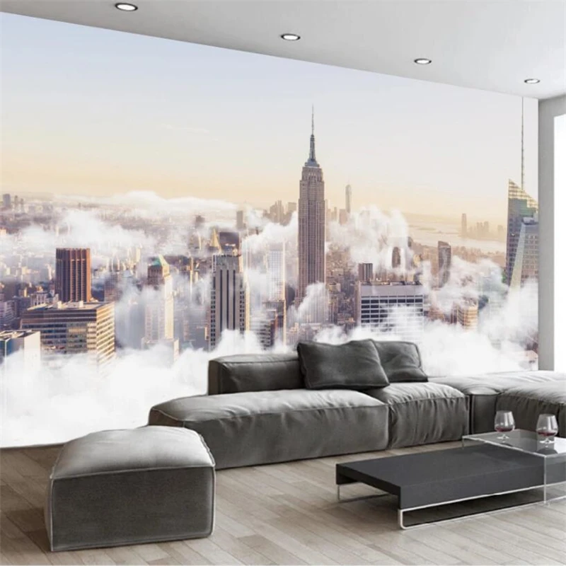 

wellyu Custom large wall painter with modern minimalistic abstract hand-painted city cloud sea landscape TV background wall