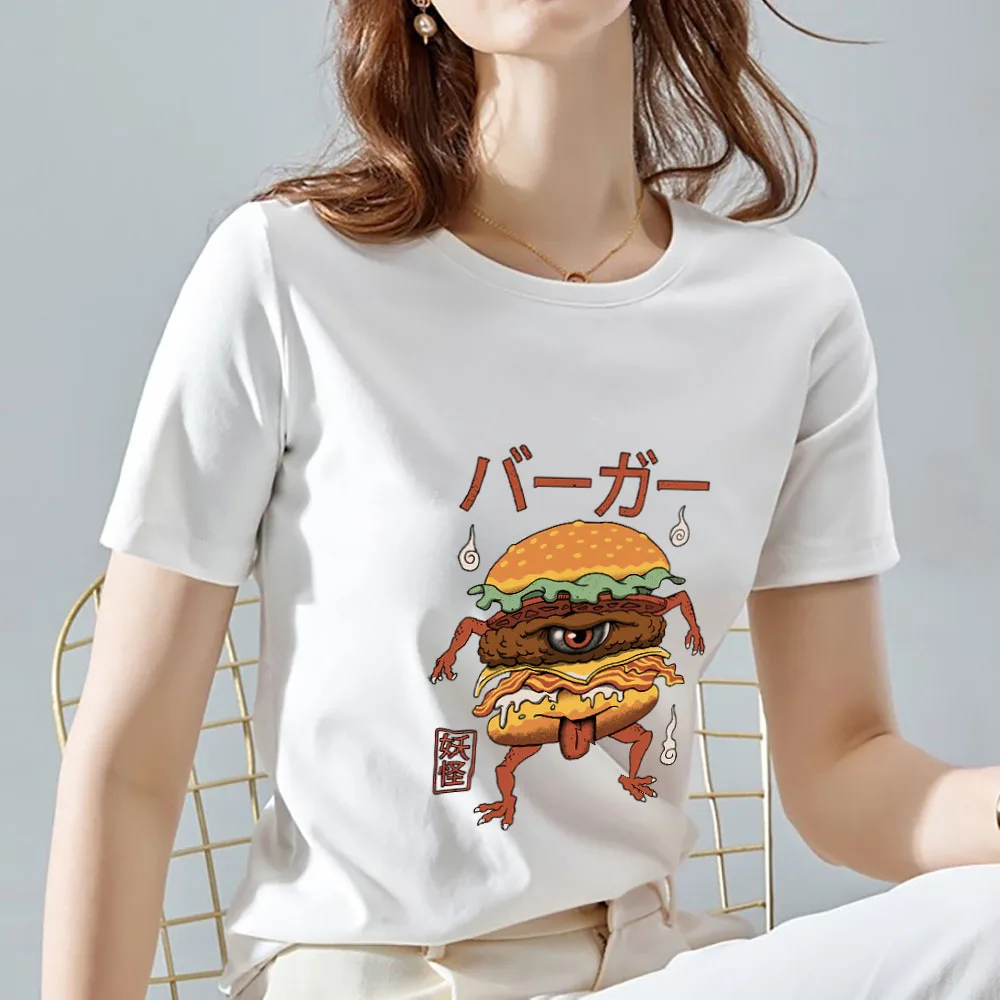 

Summer Women's T-shirt Casual Japanese Cartoon Burger Monster Print Short Sleeve Ladies Commuter Round Neck Polyester Top Shirt